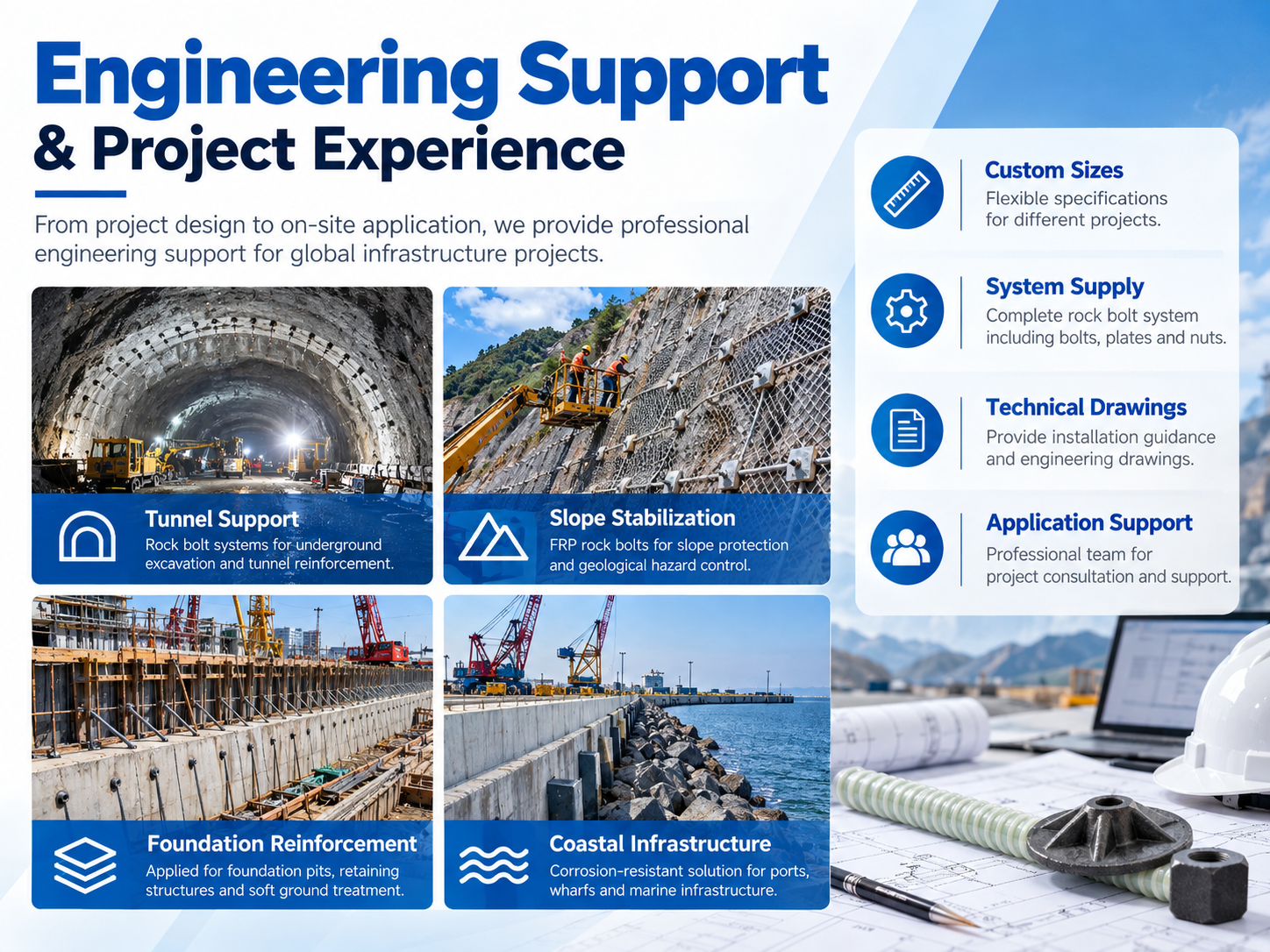 Engineering support for custom GFRP rock bolt systems and ground support projects