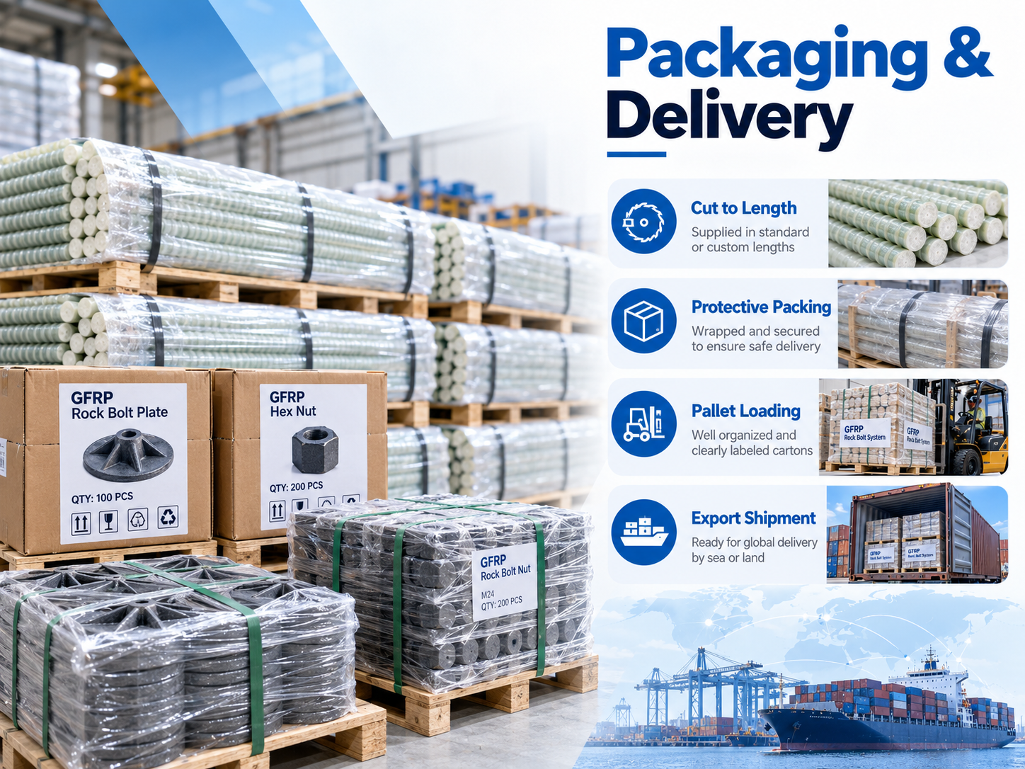 Export packaging and delivery of GFRP rock bolts bearing plates and nuts