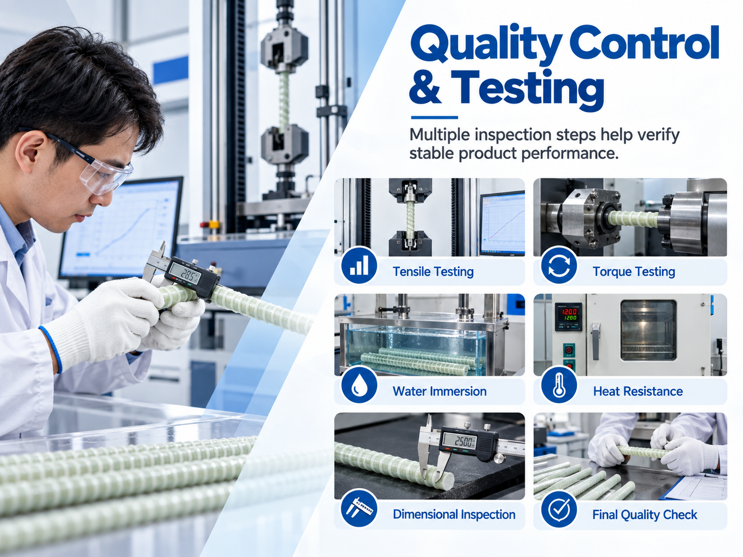 Quality control and testing for GFRP rock bolts including dimensional and mechanical inspection