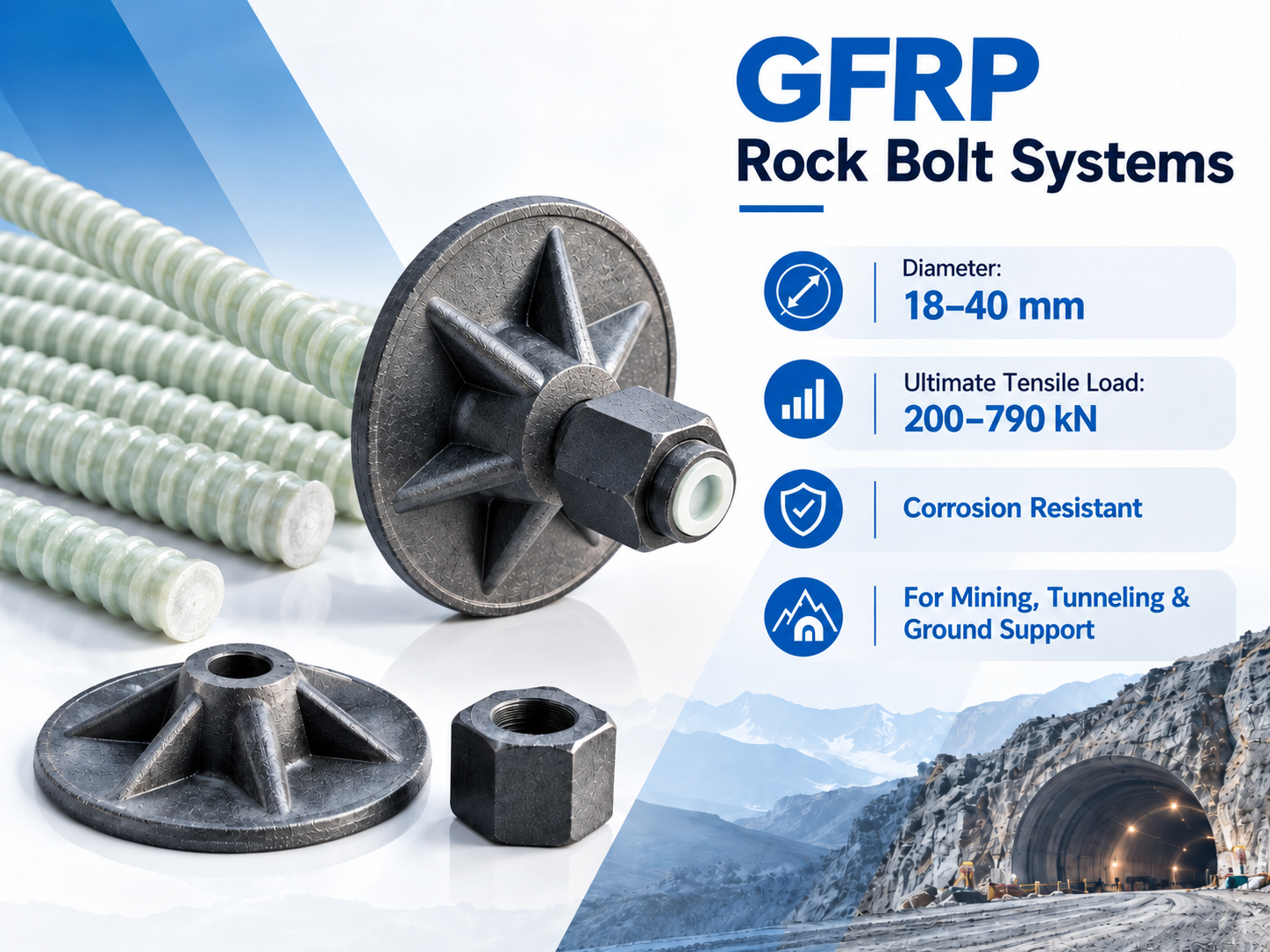 GFRP rock bolt system with fiberglass bolt, nut and domed bearing plate