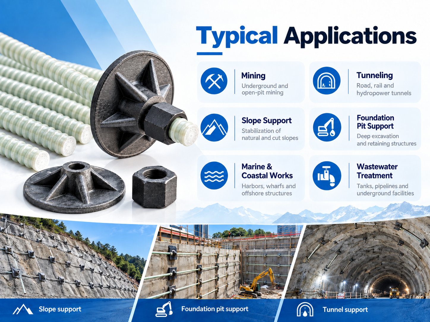 GFRP rock bolt applications in mining tunneling slope support and foundation pit support
